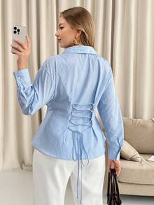 Elenzga 大码女式蓝色条纹长袖衬衫，收腰设计，金属可调节纽扣，修身，优雅通勤休闲装，秋冬 - 彩色 - 查看 5