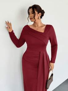 Đầm thường ngày nhún vai viền bất đối xứng cỡ lớn dành cho nữ, thiết kế bó eo, tay dài thanh lịch, thích hợp cho kỳ nghỉ, mùa thu/đông - Đỏ - Xem 1