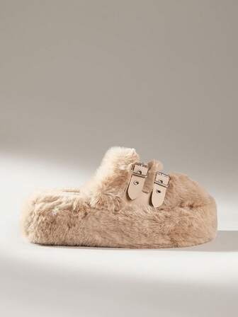 Solecia 女士毛绒可调节绑带厚底家居拖鞋