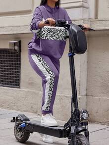 EURMUSE Cotton Plus Leopard Print Colorblock Drop Shoulder Sweatshirt & Sweatpants - Lilac Purple - View 3