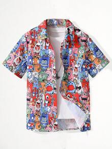 SHEIN 青少年男孩春夏款卡通印花短袖襯衫 - 彩色 - 查看 1