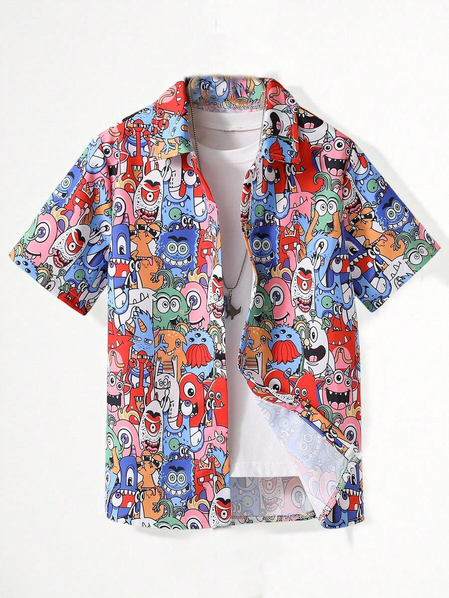 SHEIN 青少年男孩春夏款卡通印花短袖襯衫 - 彩色 - 查看 1