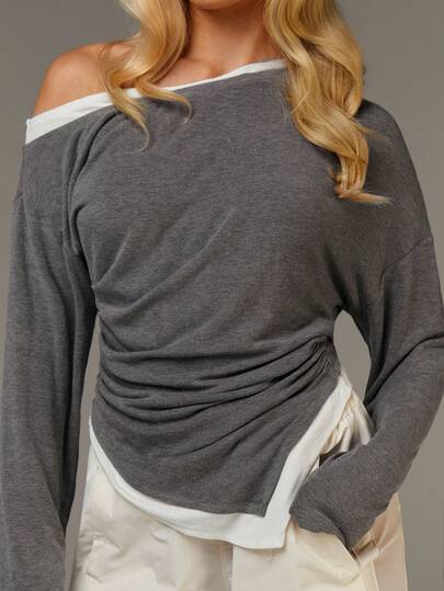 Athîral New Fashion Commuter Asymmetric Color Block Shoulder Top,Long Sleeve Knit Top Women Asymmetrical Elegant Draped Loose Fit Gray Pullover Casual Streetwear