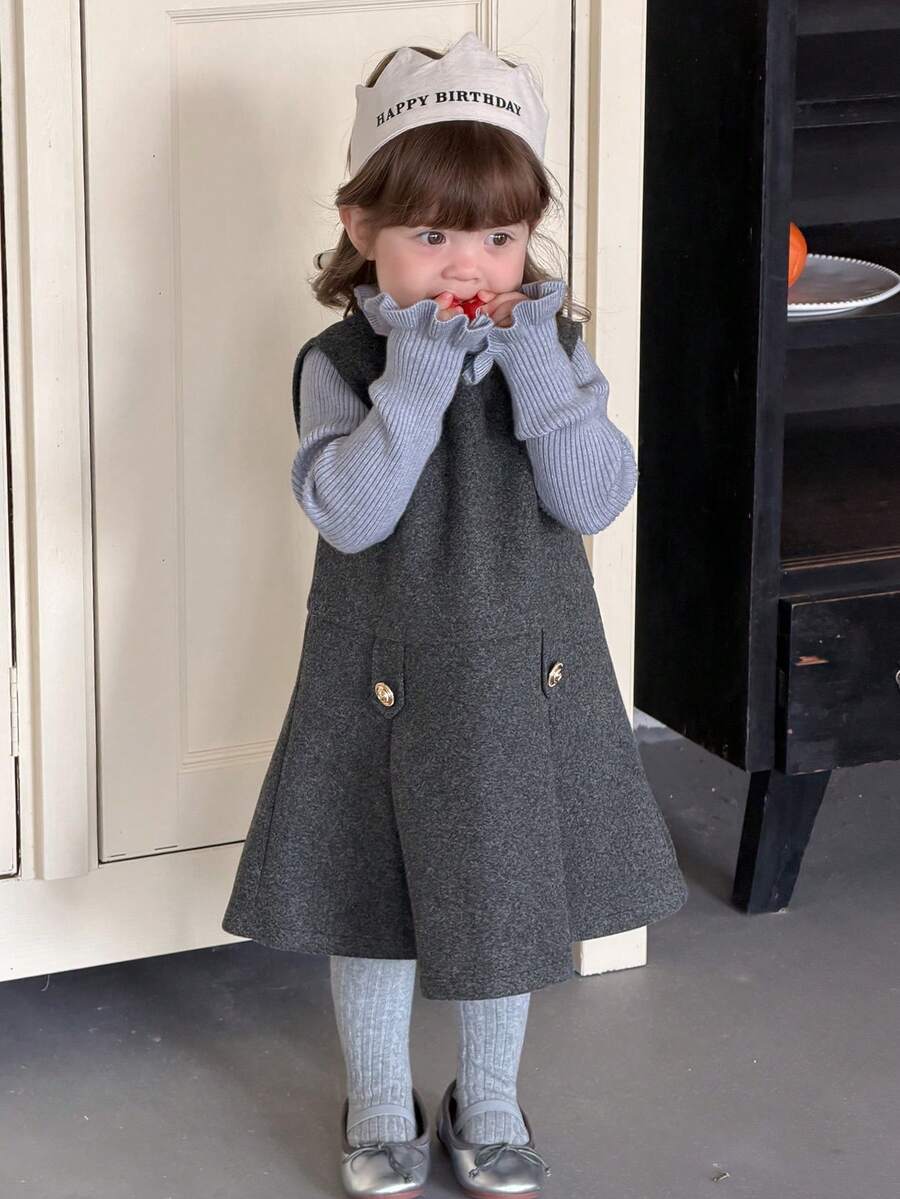 DAZY Baby Girl Solid Color Sleeveless Casual Layered Dress - Grey - View 1