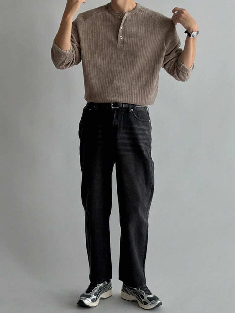 Men's Partial Zip-Up Brown Round Neck Raglan Sleeve T-Shirt, Autumn