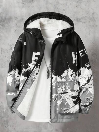 Vacaura Tween Boys' Casual Fashionable Ink Mountain Letter Graphic Hooded Jacket, Versatile For Autumn/Winter Daily Wear