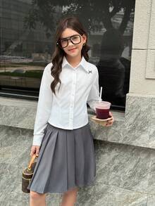 SHEIN 少女可爱蝴蝶结印花白色修身衬衫，休闲日常时尚百搭 - 白色 - 查看 5
