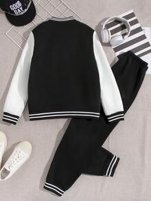 SHEIN Vacaura Tween Boy Letter Patched Striped Trim Varsity Jacket & Sweatpants Without Tee Chic Outfits For Autumn/Winter - Black - View 2