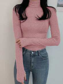 DAZY تي شيرت أساسي بياقة عالية أكمام طويلة لون سادة نسائي ضيق