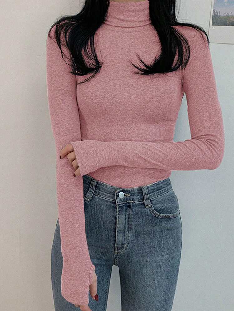 Women's Solid Color Long Sleeve Casual Turtleneck Slim Fit Base Layer T-Shirt