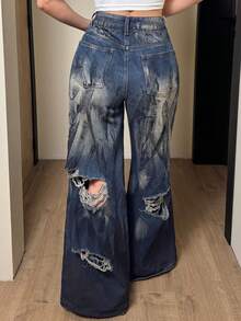 Jeanoix Women's High Waist Pocketed Distressed Wide Leg Loose Casual Jeans - Blue - View 2