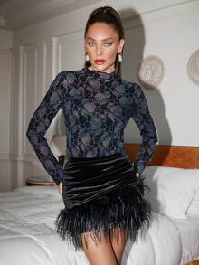 Lavishia Gonna da donna in velluto con patchwork, vita arricciata in finta pelliccia, di per feste di influencer - nero - Visualizzare 4