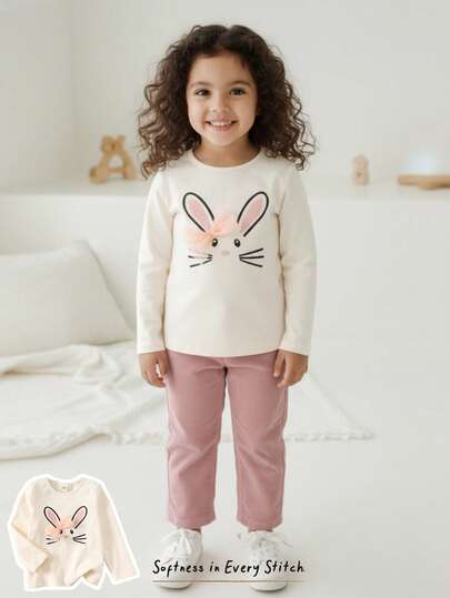 Cozy Pixies Suéter de cuello redondo de manga larga con estampado de animales de dibujos animados para niña, versátil y cómodo top casual de manga larga