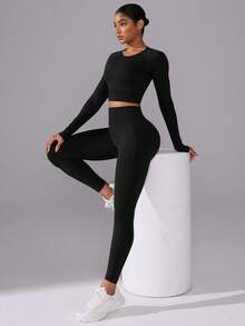 Eassivo Women's Solid Color Raglan Sleeve T-Shirt And High Waist Leggings Seamless Sports Set Workout Legging Two Piece Set Curve Activewear Set Curve Workout Set - Black - View 4