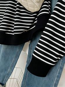 INAWLY Plus Size Polo Collar Zip-Up Striped Long Sleeve Sweatshirt - Black - View 8