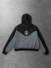 ROMWE MEN Prep Men's Contrast Color Print Hooded Long Sleeve Patchwork Sweatshirt - Black - View 2
