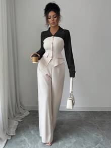 SHEIN Elenzya New Arrival Autumn Casual Chic Commuting Elegant Suit, 2 In 1 Pearl Button Collar Splice Waist Slimming Slit Long Sleeve Shirt + Elastic Waist Wide Leg Pants, Suitable For Teacher's Day, Holidays, Independence Day
