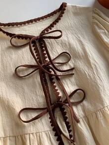 Comfortcana Áo cánh thời trang tay loe viền hoa buộc phía trước cho nữ - trắng - Xem 4