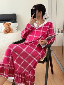 SHEIN 女士内衣睡衣，玫红色格子印花荷叶边蕾丝V领蝴蝶结丝滑长款睡裙，休闲日常中长连衣裙，宽松睡裙 - 玫紅色 - 查看 5