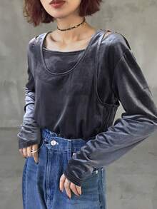 FRIFUL Women's Velvet T-Shirt Vest, 2 In 1 Loose Fit Thick Fabric Outerwear Top, Streetwear Style - Black - View 4