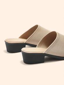 CUCCOO BASICS Women's Pointed Toe Chunky Heel Knit Fabric Comfortable Breathable Mule Slip-On Shoes, Casual Commuting Wear - Apricot - View 8