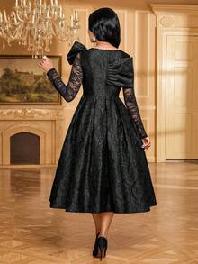 SHEIN Lady 女士时尚优雅浪漫蝴蝶结蕾丝长袖中长连衣裙 - 黑色 - 查看 2