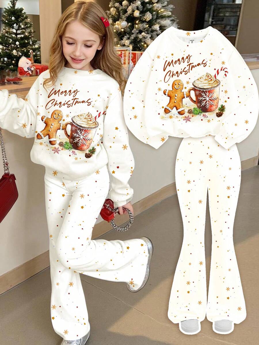 2件套女童圣诞姜饼人和雪花印花休闲宽松圆领长袖卫衣和裤子套装，适合秋冬季节和圣诞派对穿着 - 彩色 - 查看 1