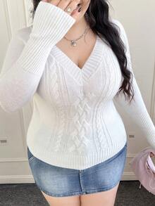 CovetEZ Plus Size V-Neck Long Sleeve Cable Knit Casual Pullover Sweater For Women, Versatile For Commuting, Autumn/Winter - White - View 5