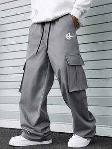 ROMWE MEN Pantalones casuales sueltos con bolsillo de unicolor para hombre - Gris Oscuro - Ver 5