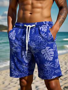 Manfinity VDAYZ Męskie modne, codzienne szorty plażowe z nadrukiem w liście żółwia i kieszeniami ściąganymi sznurkiem - Brudny niebieski - Zobacz 3