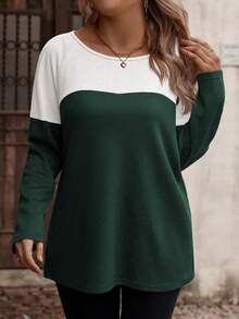 EMERY ROSE 大码女式撞色圆领长袖T恤，纽扣装饰，小格纹面料，秋冬印花T恤，春季女式上衣 - 彩色 - 查看 4
