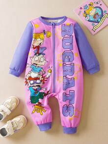 Nick 90s | SHEIN Baby Girl Cartoon Figure Graphic Cute Pink & Purple Colorblock Long Sleeve Zip-Up Jumpsuit - Purple - View 1