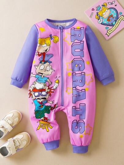 Nick 90s | SHEIN Baby Girl Cartoon Figure Graphic Cute Pink & Purple Colorblock Long Sleeve Zip-Up Jumpsuit