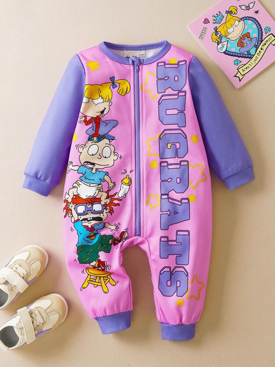 Nick 90s | SHEIN Baby Girl Cartoon Figure Graphic Cute Pink & Purple Colorblock Long Sleeve Zip-Up Jumpsuit - Purple - View 1
