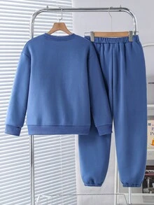 2 件套男童休闲足球印花圆领长袖运动衫和抽绳运动裤套装，春秋季 - 彩色 - 查看 2