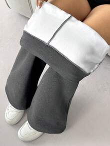 SHEIN EZwear 大码女式弹力腰喇叭裤，带保暖内衬，深灰色 - 深灰色 - 查看 1