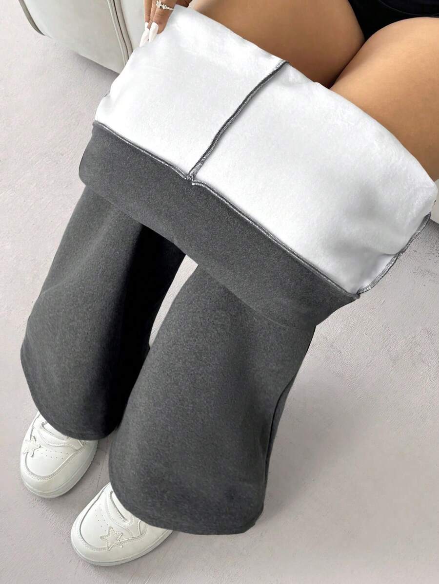 SHEIN EZwear 大码女式弹力腰喇叭裤，带保暖内衬，深灰色 - 深灰色 - 查看 1
