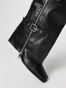 ROMWE Grunge Punk Women's Multiple Buckle Zipper Decor Square Toe Stiletto Heel Tall Boots For Christmas - Black - View 3