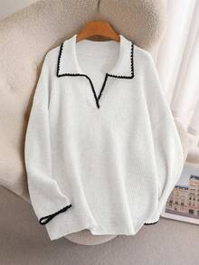 CosyJoli Plus Size Casual Color Block Trim V-Neck Pullover Sweater/Winter - White - View 3