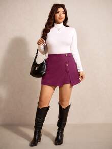 Elaquor Quần short lưng thun co giãn màu trơn cỡ lớn, xẻ gấu thông thường - Màu đỏ tím - Xem 5