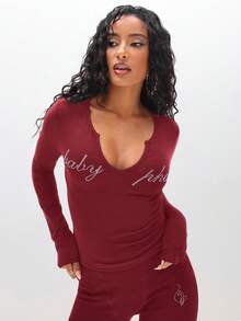 BABYPHAT Rhinestone Baby Text Long Sleeve Deep V Notch Neck Bodysuit Top With Metallic Pink Accents - Burgundy - View 2