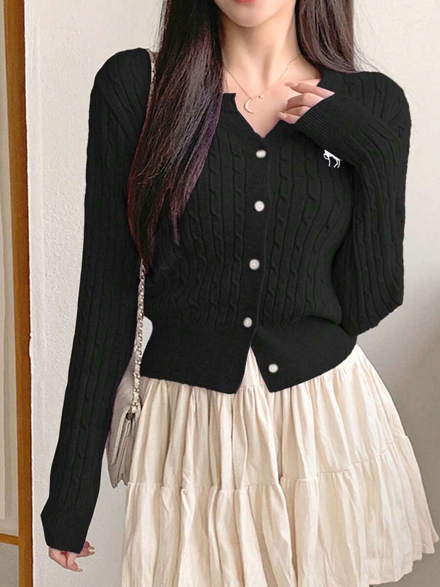 DAZY Cárdigan casual de punto de cable de una hilera con estampado de unicornio de manga larga para mujer - Negro - Ver 1
