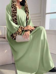 Al Najma Women's Leopard Print Patchwork Long Sleeve Casual Loose Arabic Style Dress With Hijab Scarf, Modest,Elegant, Maxi Length Arabian Dresses - Mint Green - View 4