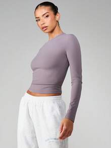 MISSGUIDED Women Long Sleeve Fitted Crew Neck Base Layer Top Ribbed Knit Athletic Underlayer Shirt Fall Winter Essential - Grey - View 3