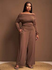 Slaydiva Plus Size Solid Color Casual Minimalist Off-Shoulder Long Sleeve Top And Pants 2-Piece Set - Coffee Brown - View 6