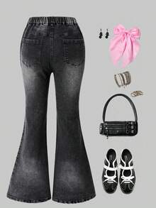 SHEIN ChillGRL Teen GirlFashion Personalized All-Season Versatile Black Applique 3D Embroidery, Distressed, Flared, High-Stretch Denim Jeans - Dark Grey - View 2