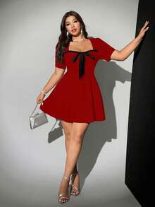 Viva Relle Plus-Size Women's Red New Year Sexy Elegant Bow Tie Valentine's Day Dress - Red - View 4