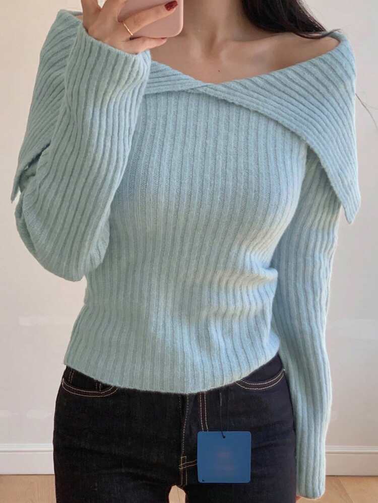 Women's Elegant Foldover Off Shoulder Sweater, Simple Solid Color, Suitable For Work And Commute, Autumn/Winter
