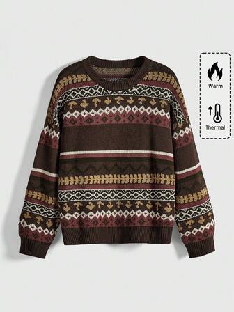 Fairycore Vintage Pilz Braun Erdige gestreifte geometrische Muster Pullover Sweater in Große Größen, Damen Pullover Sweater in Große Größen für Herbst/Winter, Vintage Lässig Weihnachtspullover für Frauen