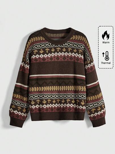 Fairycore Vintage Nature-Inspired Brown Toned Striped Geometric Pattern Plus Size Sweater, Plus Size Women Pullover Sweater For Autumn/Winter